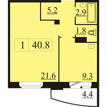 Однокомнатная квартира 40.8 м²