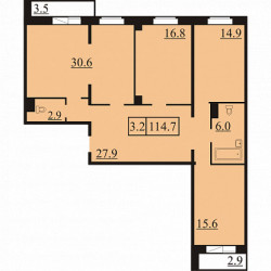 Трёхкомнатная квартира 114.7 м²