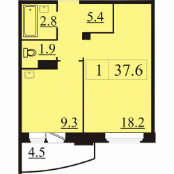 Однокомнатная квартира 37.6 м²