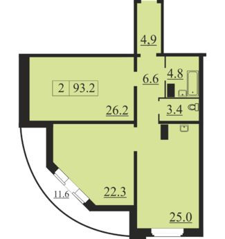 Двухкомнатная квартира 93.2 м²