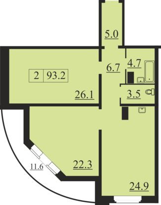 Двухкомнатная квартира 93.2 м²
