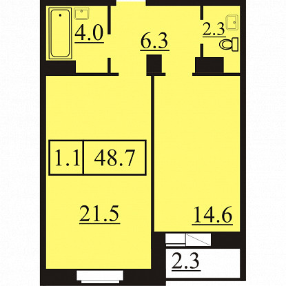Однокомнатная квартира 48.7 м²