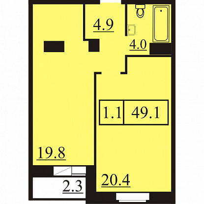 Однокомнатная квартира 49.1 м²