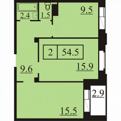 Двухкомнатная квартира 54.5 м²